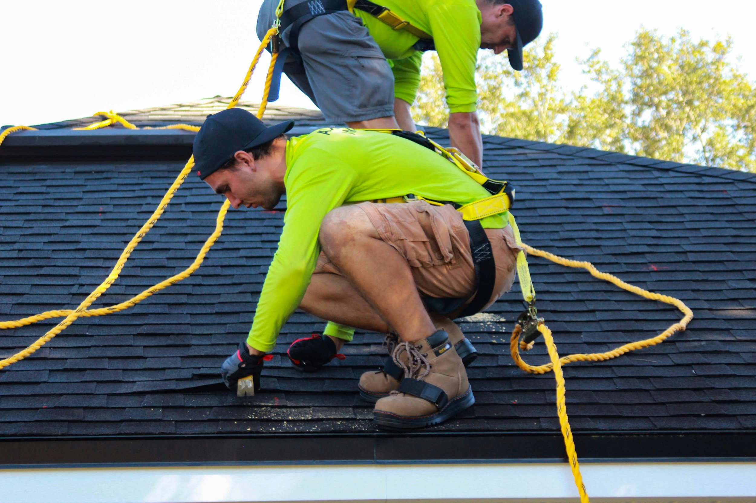 Roofers in safety gear working on a residential roof, demonstrating quality roofing services and craftsmanship.